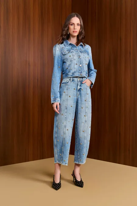 Calça Jeans Barrel com Bordado Feminina Sky Bleached Puramania