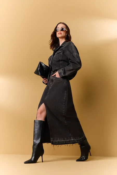 Saia Jeans Feminina Midi Black Puramania
