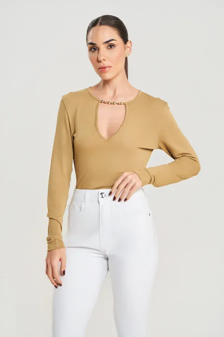 Blusa Manga Longa Detalhe Metal Tricot Soft Puramania