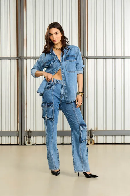 Calça Jeans Wide Leg Cargo em Algodão Osmoze