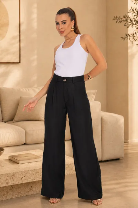 Calça Feminina Pantalona Alfaiataria Cintura Alta PraVc