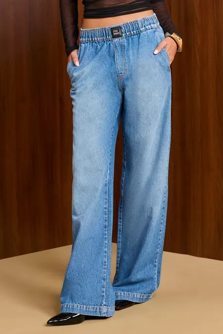 Calça Jeans Wide Leg Feminina em Algodão Blue Médio Puramania