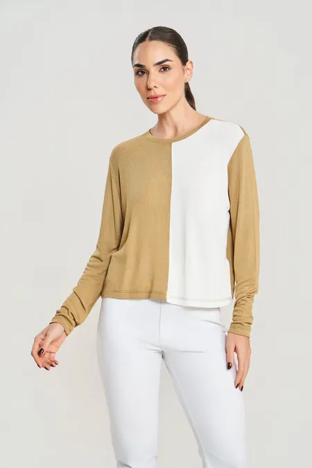 Blusa Feminina Cropped Manga Longa Bicolor Tricot Soft Puramania
