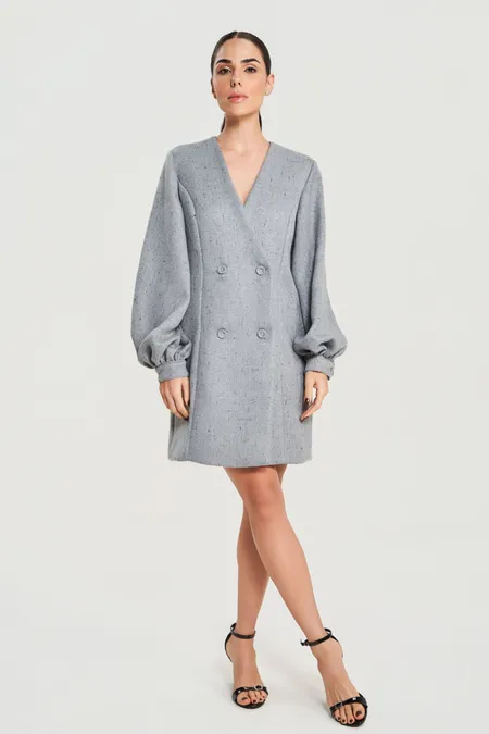 Vestido Midi Feminino Tweed Parma Decote em V Cinza Puramania Vestido Midi Feminino Tweed Parma Decote em V Cinza Puramania