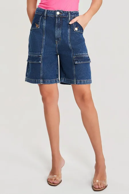 Bermuda Jeans Mom Feminina em Algodão Blue Médio Osmoze
