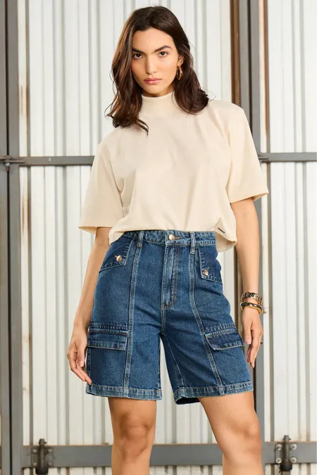 Bermuda Jeans Mom Feminina em Algodão Blue Médio Osmoze