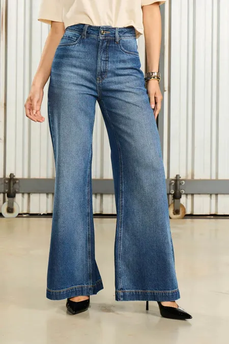 Calça Jeans Pantalona Feminina em Algodão Blue Médio Osmoze