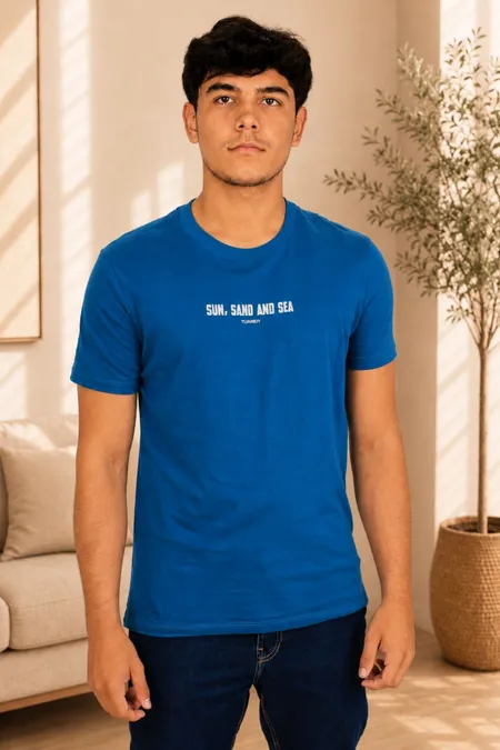 Camiseta Slim Fit Masculina Azul Netuno em Algodão Tuaren