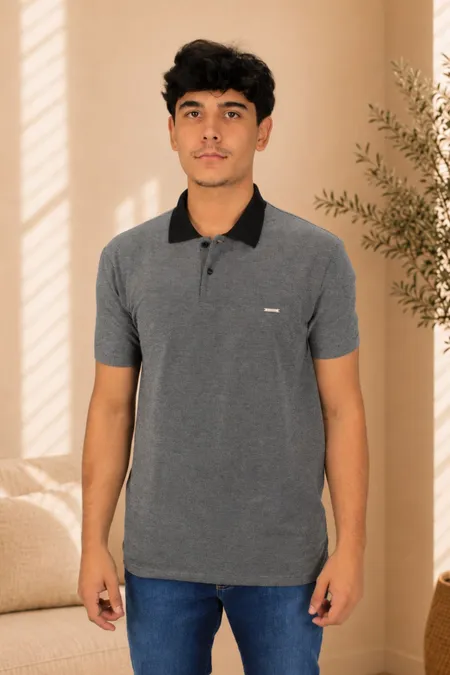 Polo Piquet Juno Cinza Masculina com Gola Preta Tuaren