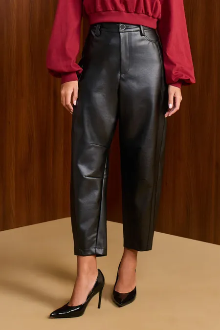 Calça Couro Pu  Barrel Feminina Preto Puramania