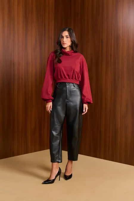 Calça Couro Pu Barrel Feminina Preto Puramania Calça Couro Pu Barrel Feminina Preto Puramania