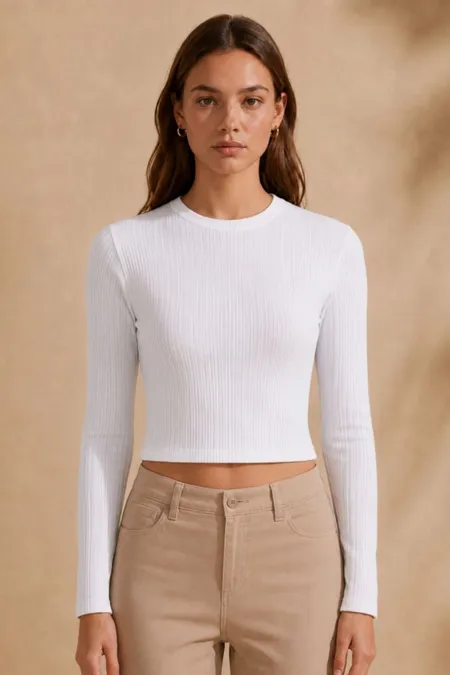 Blusa Feminina Canelada Manga Longa com Gola Redonda Puramania