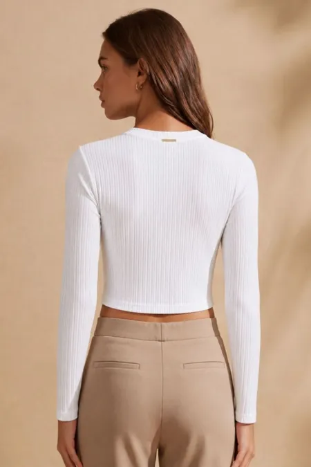 Blusa Feminina Canelada Manga Longa com Gola Redonda Puramania