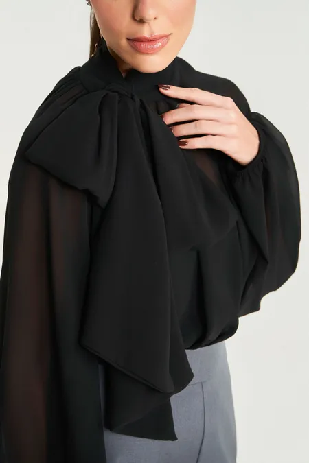 Blusa Feminina Chiffon em Tule com Gola laço Puramania