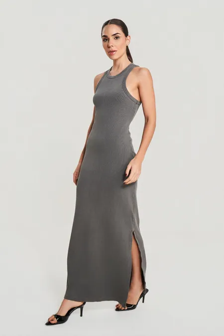 Vestido Canelado Midi Feminino Grafite Puramania